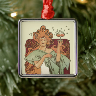 Vintage Art Nouveau, Champagne by Alphonse Mucha Metal Tree Decoration