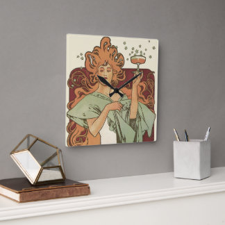 Vintage Art Nouveau, Champagne by Alphonse Mucha Square Wall Clock