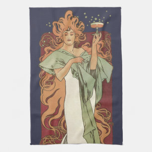 Vintage Art Nouveau, Champagne by Alphonse Mucha Tea Towel