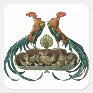 Vintage Art Nouveau Chickens and Roosters Square Sticker