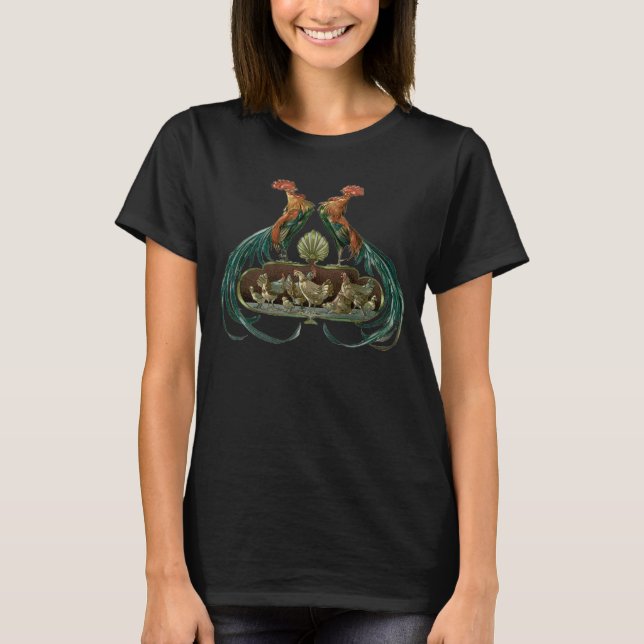 Vintage Art Nouveau Chickens and Roosters T-Shirt (Front)