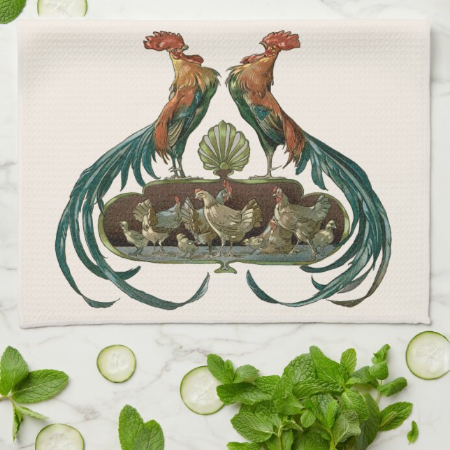 Vintage Art Nouveau Chickens and Roosters Tea Towel (Folded)