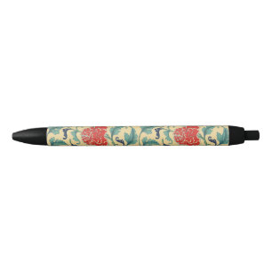 Vintage Art Nouveau Chinese Red Floral Chinoiserie Black Ink Pen