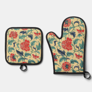 Vintage Art Nouveau Chinese Red Floral Chinoiserie Oven Mitt & Pot Holder Set