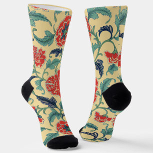 Vintage Art Nouveau Chinese Red Floral Chinoiserie Socks