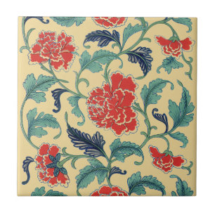 Vintage Art Nouveau Chinese Red Floral Chinoiserie Tile