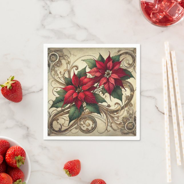 Vintage Art Nouveau Christmas Poinsettia Decoupage Napkin (Insitu)