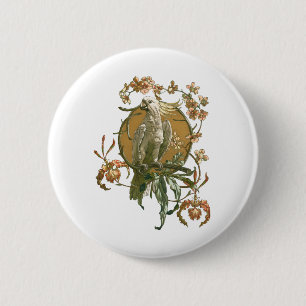 Vintage Art Nouveau, Cockatoo Bird, Orchid Flowers 6 Cm Round Badge