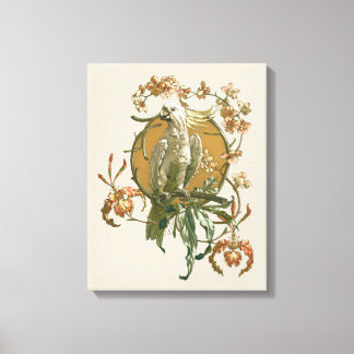 Vintage Art Nouveau, Cockatoo Bird, Orchid Flowers Canvas Print