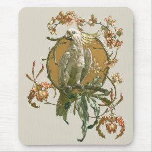 Vintage Art Nouveau, Cockatoo Bird, Orchid Flowers Mouse Pad