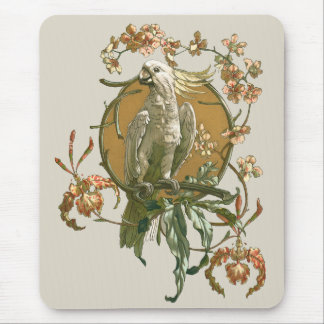 Vintage Art Nouveau, Cockatoo Bird, Orchid Flowers Mouse Pad