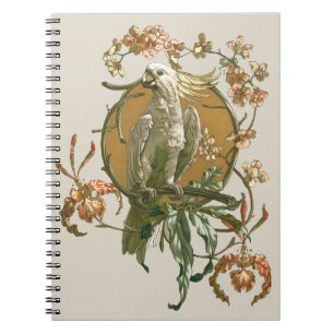 Vintage Art Nouveau, Cockatoo Bird, Orchid Flowers Spiral Notebook