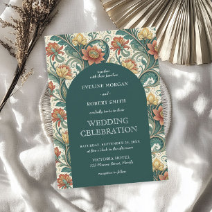 Vintage Art Nouveau dark green terracotta wedding Invitation