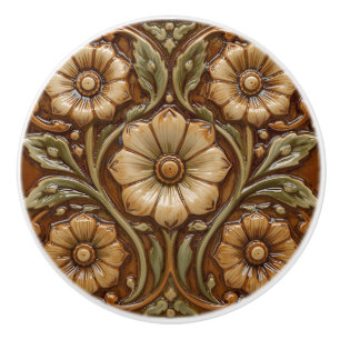 Vintage Art Nouveau Deco Majolica Floral Craftsman Ceramic Knob