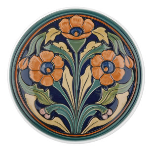 Vintage Art Nouveau Deco Majolica Floral Craftsman Ceramic Knob