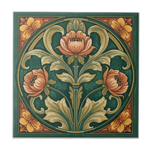 Vintage Art Nouveau Deco Majolica Floral Craftsman Tile