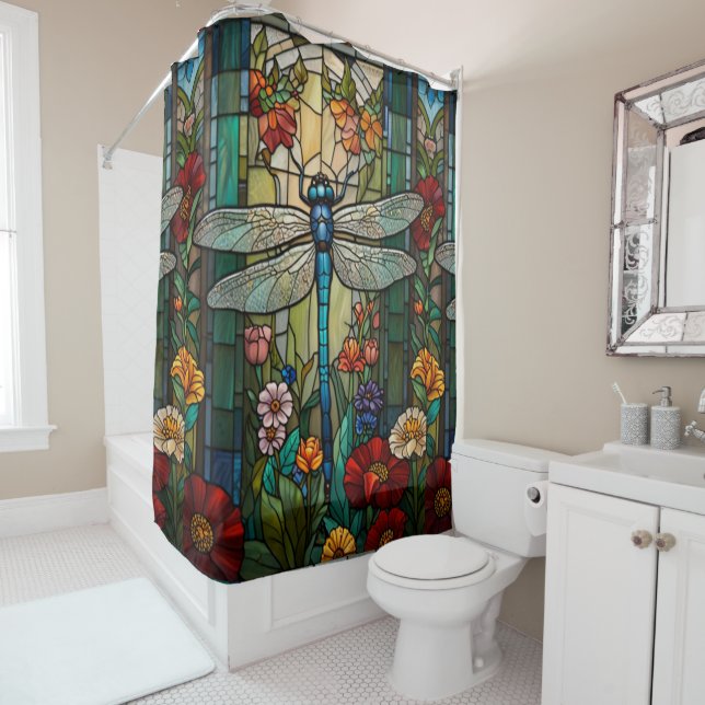 Vintage art nouveau dragonfly boho chic shower curtain (In Situ)