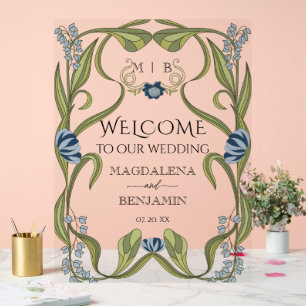 Vintage Art Nouveau Dusty Blue Navy Floral Welcome Acrylic Sign