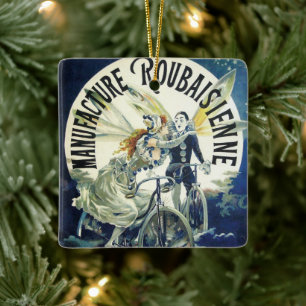 Vintage Art Nouveau Fairies, Bicycle Pierrot Moon Ceramic Ornament