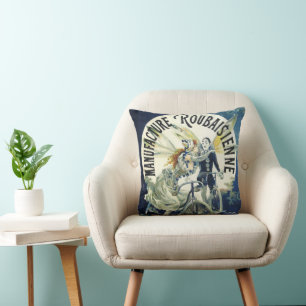 Vintage Art Nouveau Fairies, Bicycle Pierrot Moon Cushion