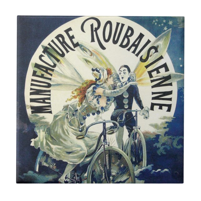 Vintage Art Nouveau Fairies, Bicycle Pierrot Moon Tile (Front)