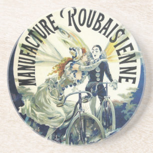 Vintage Art Nouveau Fairies, Pierrot Bicycle Moon Coaster