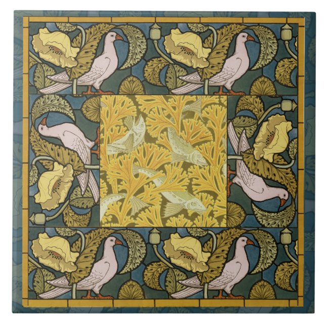 Vintage Art Nouveau Fish Pigeon Pattern Verneuil Tile (Front)