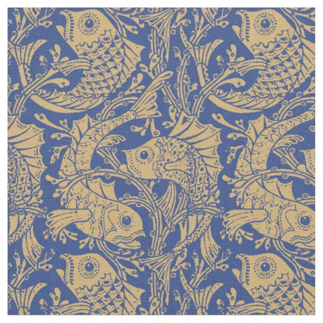 Vintage Art Nouveau Fish & Seaweed Pattern Fabric (Close Up)