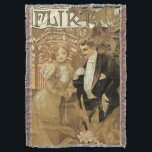 Vintage Art Nouveau Flirt Biscuits, Alphonse Mucha Throw Blanket<br><div class="desc">Vintage illustration french Art Nouveau advertising poster design for Flirt Biscuits by Alphons Mucha. c. 1899. This love and romance advertisement design features a newlywed bride and groom couple flirting. The woman is in an elegant Victorian wedding gown and the man is in a dapper, fancy tuxedo. Getting married after...</div>