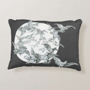 Vintage Art Nouveau Flock of Birds with Full Moon Decorative Cushion