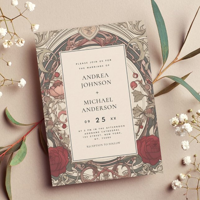 Vintage Art Nouveau Floral Burgundy Wedding Invitation (Creator Uploaded)
