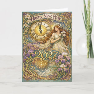 Vintage Art Nouveau Floral Happy New Year 2027 Holiday Card