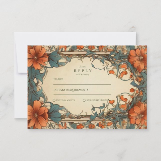 Vintage Art Nouveau Floral Wedding RSVP Card (Front)