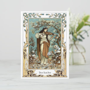 Vintage Art Nouveau Girl Playing Violin to Birds Card
