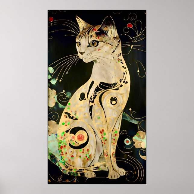 Vintage Art Nouveau Golden Cat On Black Poster (Front)