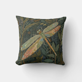 Vintage art nouveau green gold Dragonfly Cushion