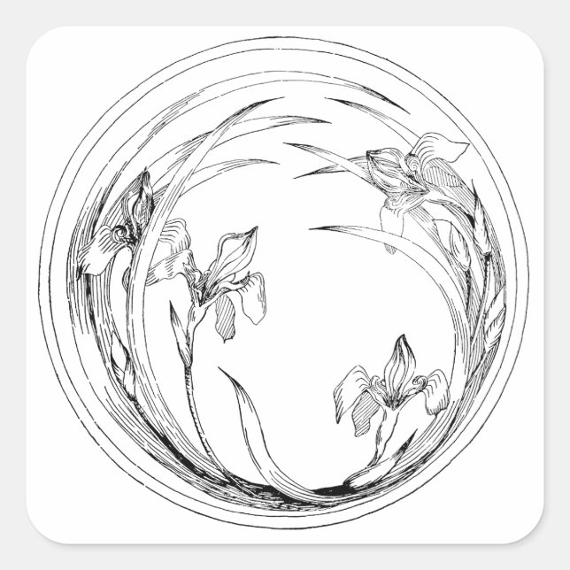 Vintage Art Nouveau Irises - Iris Template Square Sticker (Front)