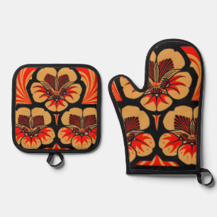 Vintage Art Nouveau Julie de Graag Flower Woodcut Oven Mitt & Pot Holder Set