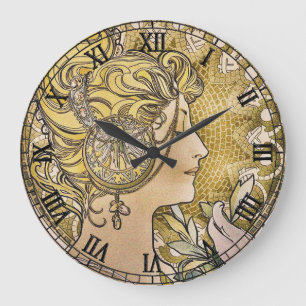 Vintage Art Nouveau "La Plume" by Alphonse Mucha Large Clock
