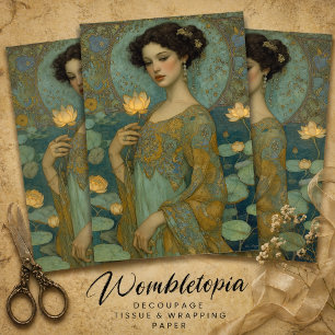 Vintage Art Nouveau Lady with Waterlily Decoupage Tissue Paper