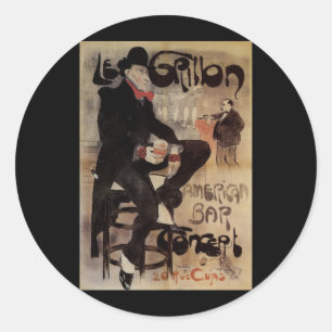 Vintage Art Nouveau Le Grillon, Man Drinking Beer Classic Round Sticker