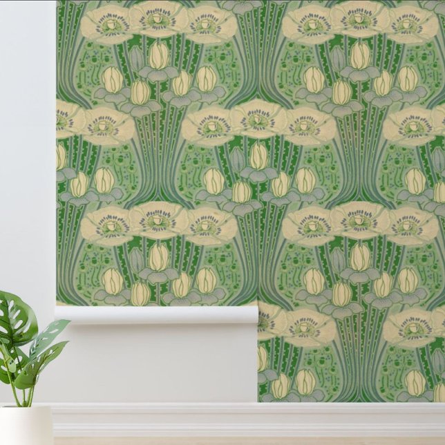 Vintage Art Nouveau Lotus and Poppies Pattern Wallpaper (Creator Uploaded)