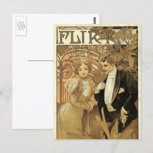 Vintage Art Nouveau Love Romance, Flirt by Mucha Postcard