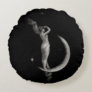 Vintage Art Nouveau Moon Girl Round Cushion