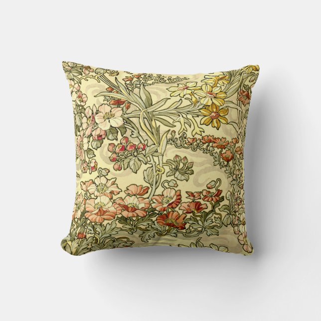 Vintage Art Nouveau Mucha Floral Pattern Cushion (Front)