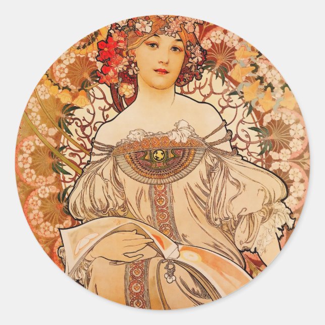 Vintage Art Nouveau Mucha Print Classic Round Sticker (Front)