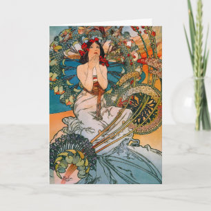 Vintage Art Nouveau Mucha Woman Floral Poster Holiday Card