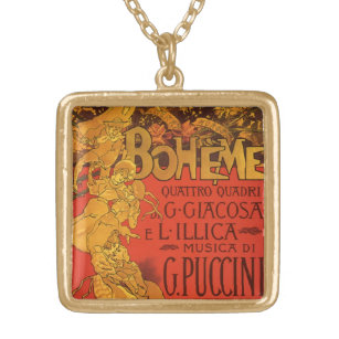 Vintage Art Nouveau Music, La Boheme Opera, 1896 Gold Plated Necklace