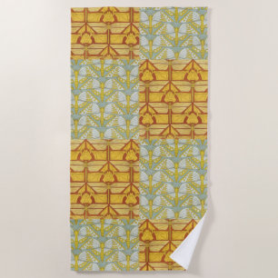Vintage Art Nouveau Nature Grid Pattern Art Beach Towel