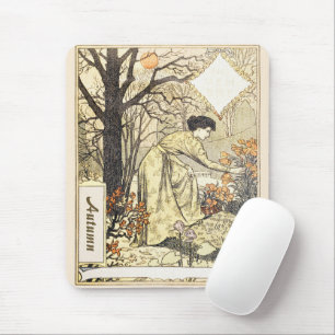 Vintage Art Nouveau November Autumn Garden Woman Mouse Pad